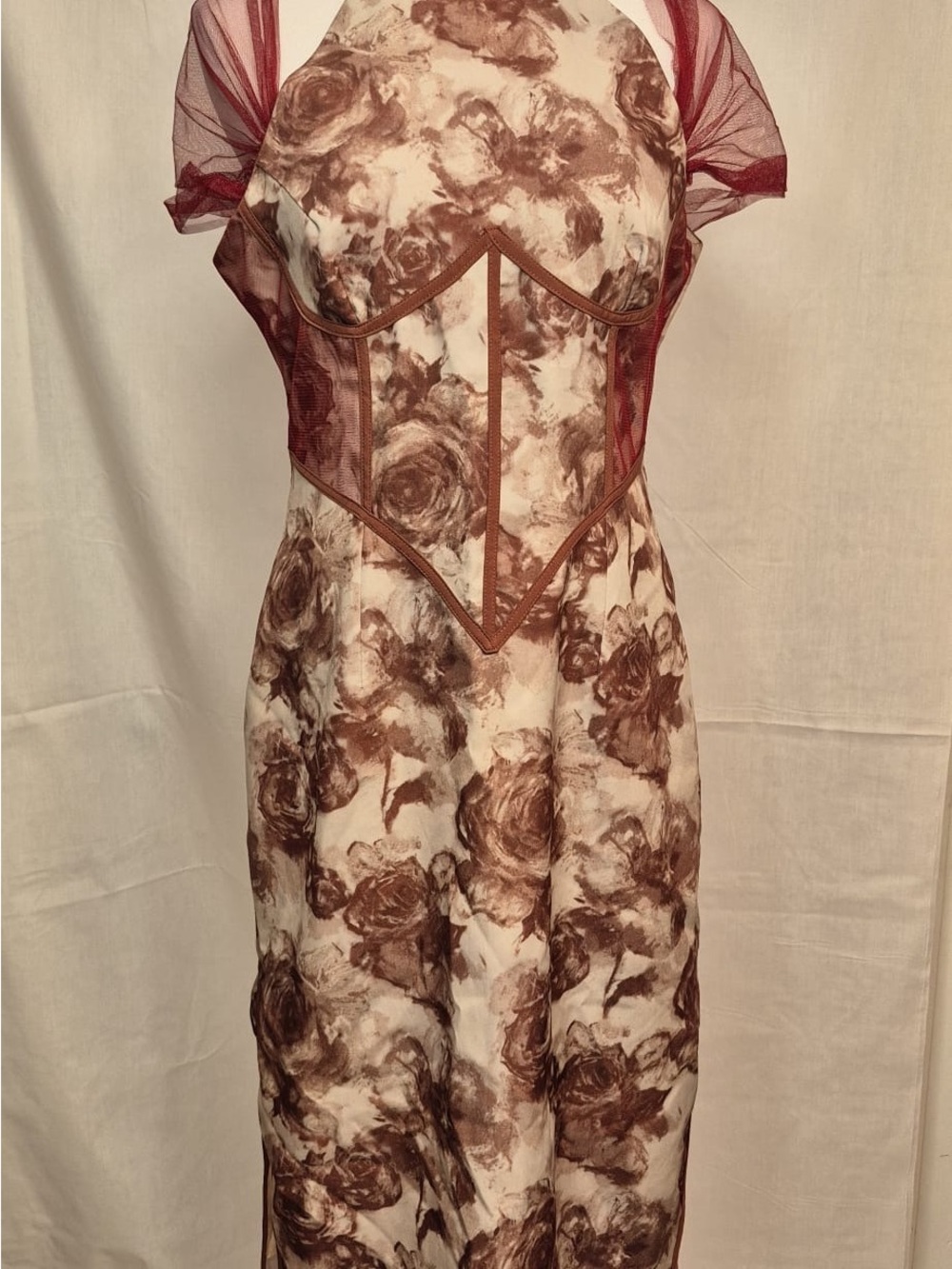 2070 - Floral Mesh Accent Midi Dress in Brown and Cream